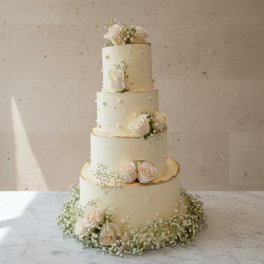 Wedding cake consultation with cake samples and Prosecco in North London bakery garden with head pastry chef Geanina