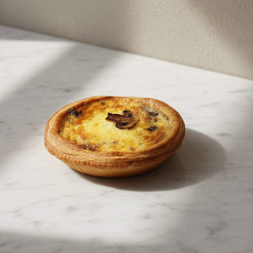 Mushroom, Onion & Cheese Quiche – individual tarts, perfect for lunch or parties. Minimum order of 4. Handmade in North London. Collection only