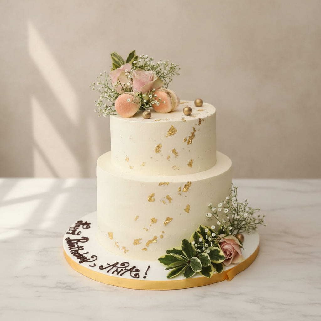 Wedding cake consultation with cake samples and Prosecco in North London bakery garden with head pastry chef Geanina