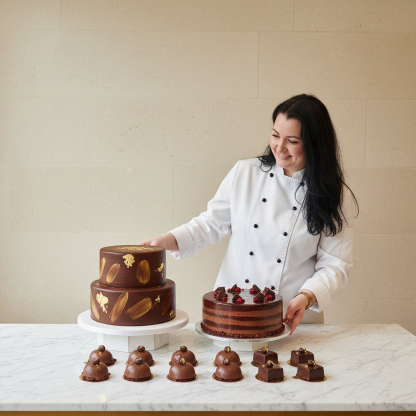 Geanina standing behind a table with various cakes and desserts for a wedding.