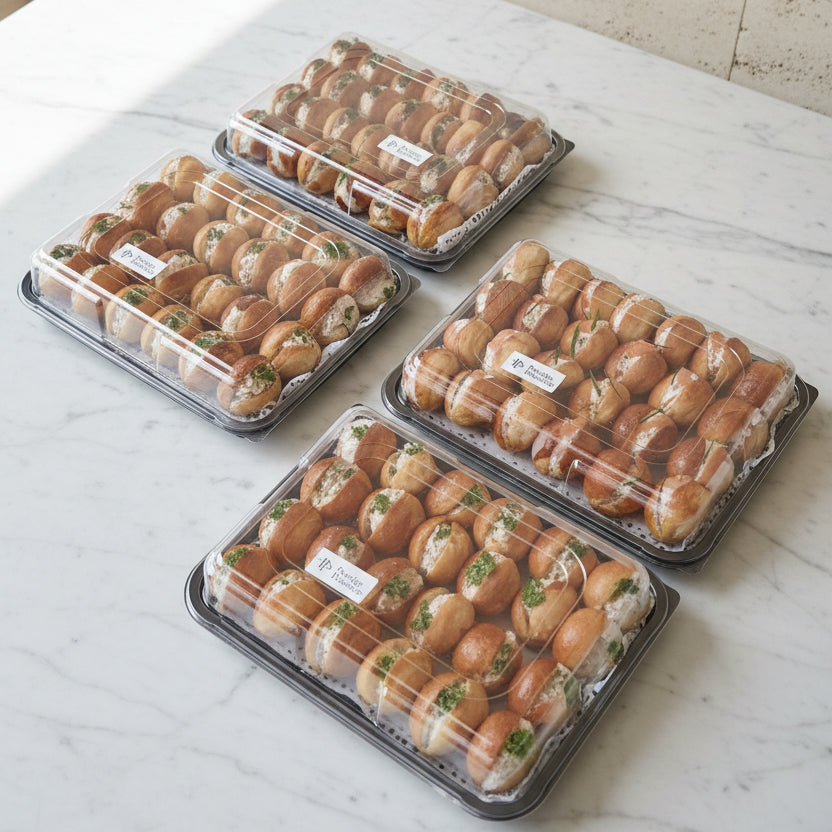 Three clear plastic clamshell containers filled with mini brioche canapes, arranged on a wooden surface outdoors.