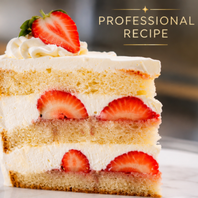 A slice of layered strawberry cake on a marble surface, with the text 'PROFESSIONAL RECIPE' in the top right corner.