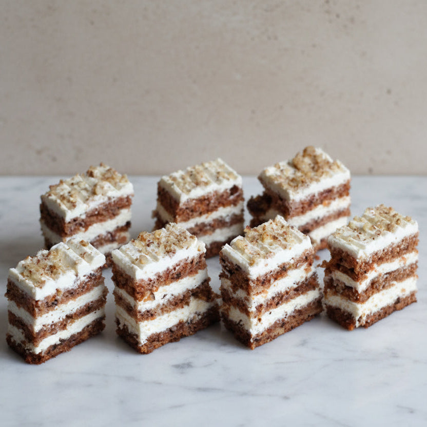 carrot and walnuts mini canapés luxury dessert catering London by Prestige Patisserie
