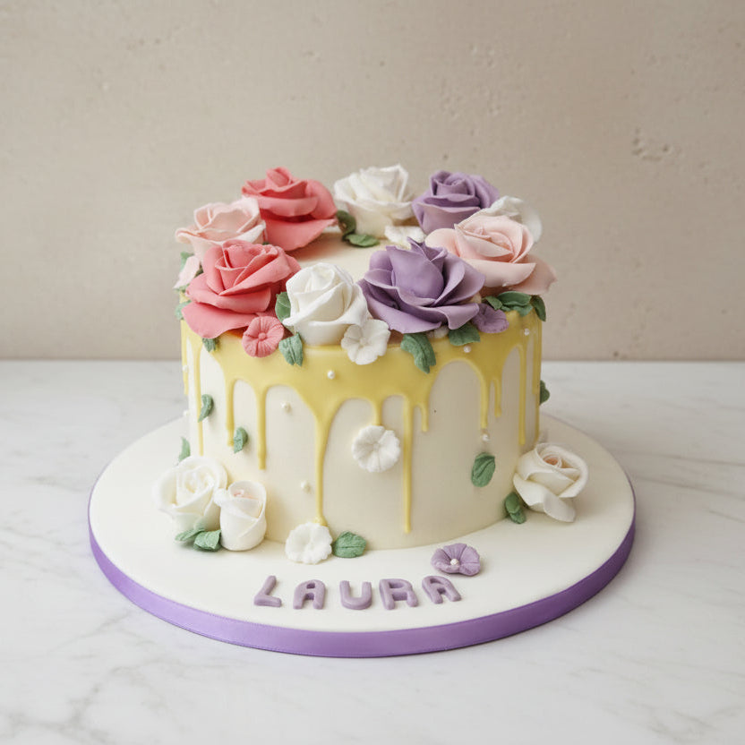 Elegant rose decorated cake design from Prestige Patisserie