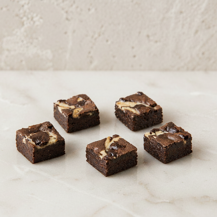 Five brownie squares with cream cheese swirls on a marble surface.