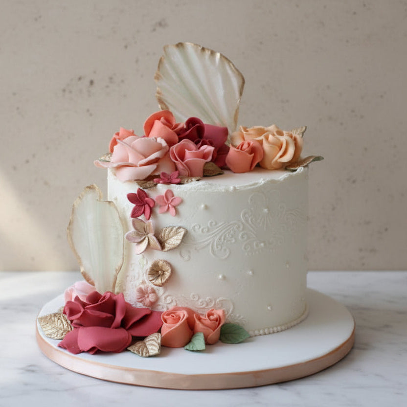 Wedding cake consultation with cake samples and Prosecco in North London bakery garden with head pastry chef Geanina