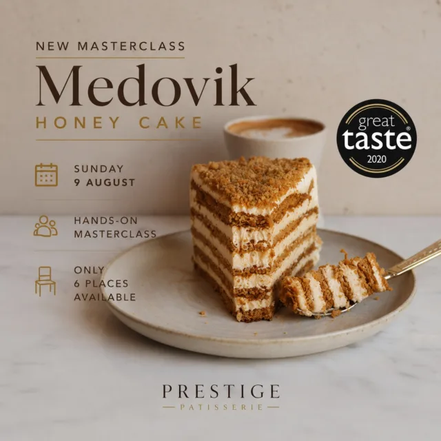 NEW HANDS-ON MEDOVIK MASTERCLASS  Learn to create our award-winning Medovik (Honey Cake) from scratch in an intimate, hands-on masterclass led by Geanina Ursache, Head Pastry Chef at Prestige Patisserie.  This is the same Medovik that received a Great Taste Award and has become one of our signature cakes.  * Saturday, 9th August
* Hands-on practical class
* Only 6 places available
* Prestige Patisserie, London  During the class you'll learn:
- Perfect honey cake layers
- Our silky signature cream
- Assembly and finishing techniques
- Professional tips and troubleshooting
- How to recreate this beautiful cake at home  Whether you're a passionate home baker or a professional looking to expand your skills, this masterclass is designed to give you the confidence to make an authentic Medovik from start to finish.  * Book your place today before all 6 spaces are gone!  #PrestigePatisserie #Medovik #HoneyCake #CakeMasterclass #BakingClass #LondonBakers #HandsOnClass #LearnToBake #ProfessionalBaking #CakeDecorating #BakeFromScratch #GreatTasteAward #NorthLondon #LondonFoodies #PrestigeBakeAcademy